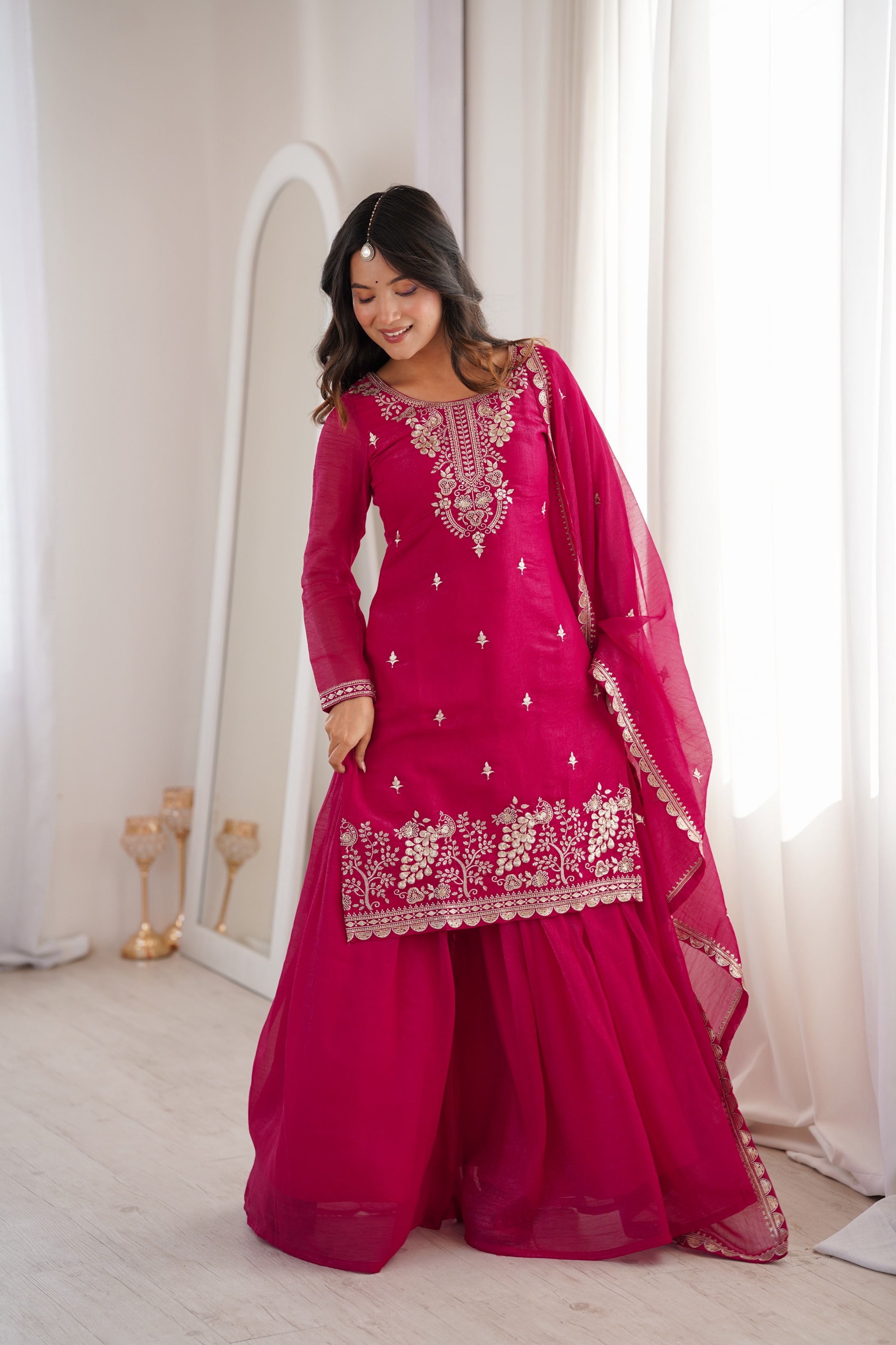 Dark Rani Pink Embroidered Crunchy Silk Sharara Set