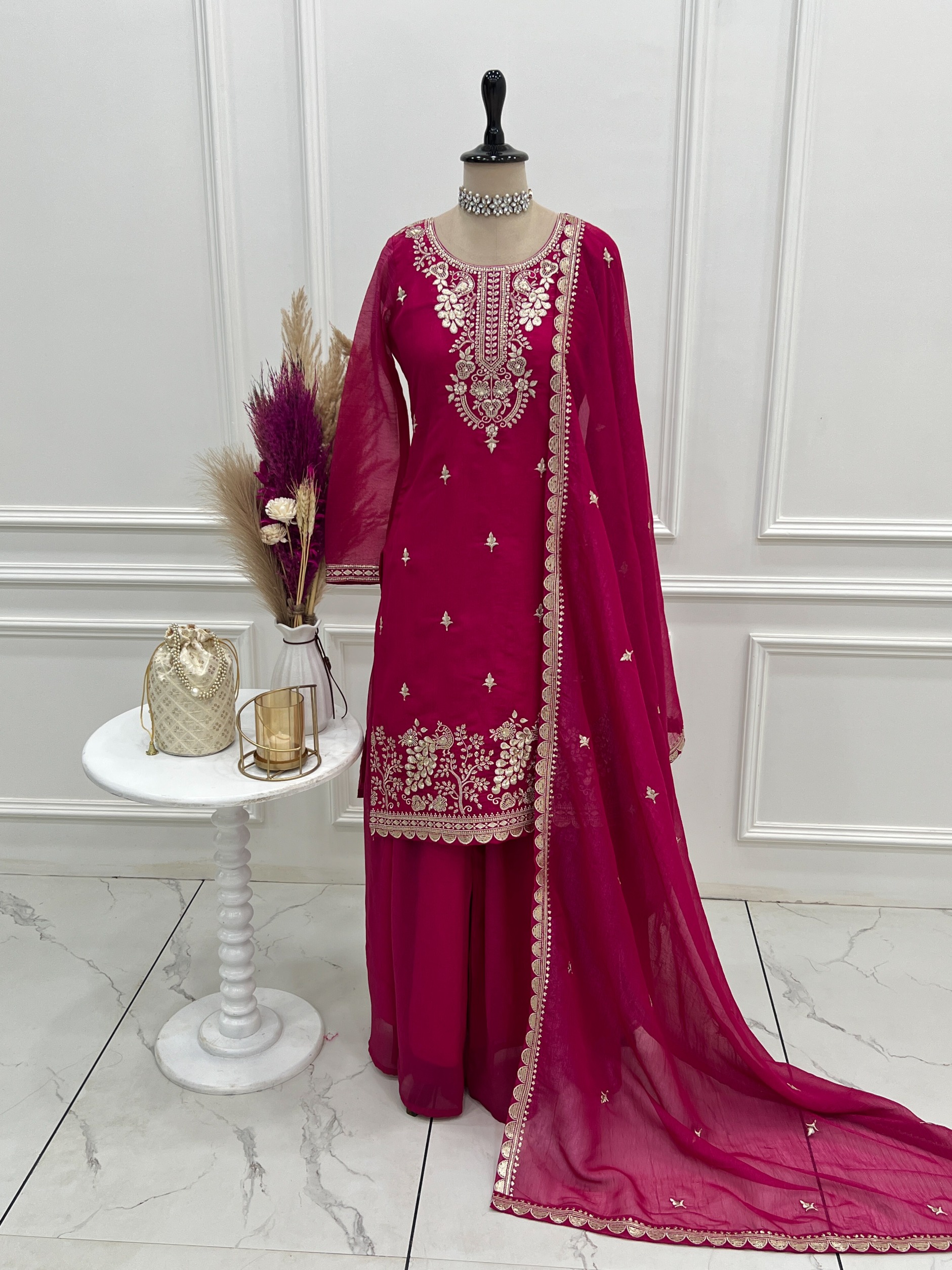 Dark Rani Pink Embroidered Crunchy Silk Sharara Set