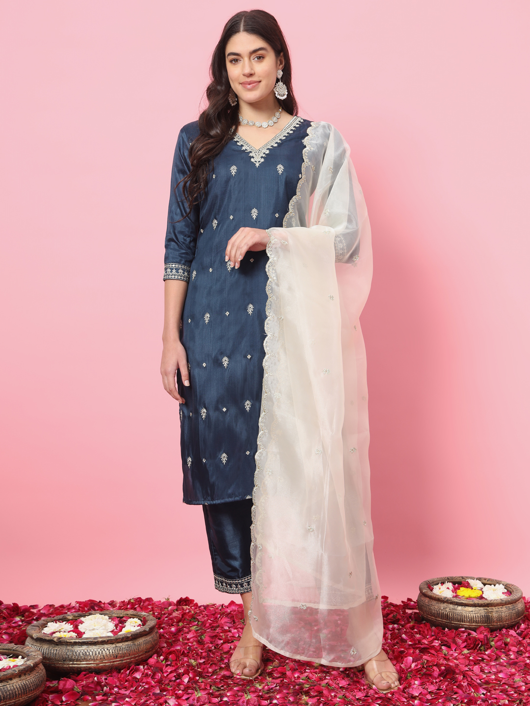 Dark Teal Embroidered Silk Blend Readymade Suit