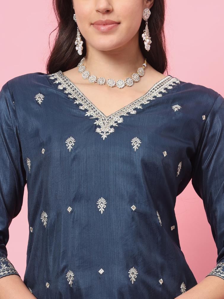 Dark Teal Embroidered Silk Blend Readymade Suit