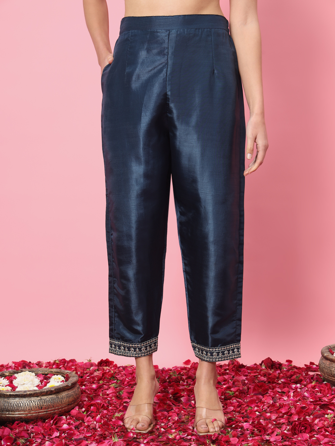 Dark Teal Embroidered Silk Blend Readymade Suit
