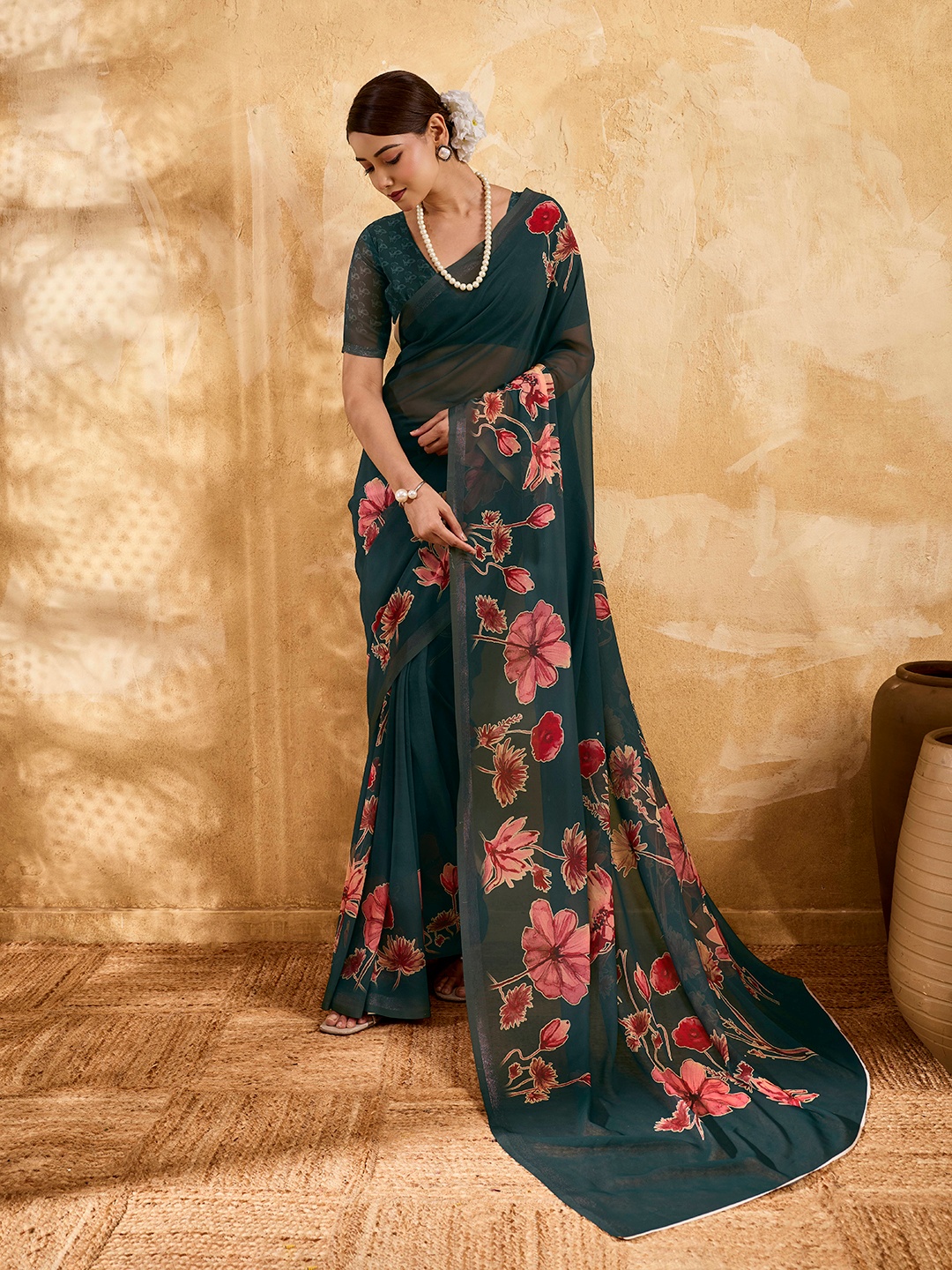 Dark Teal Floral Printed Chiffon Saree