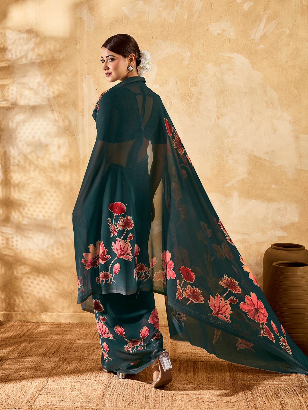 Dark Teal Floral Printed Chiffon Saree — alternate view