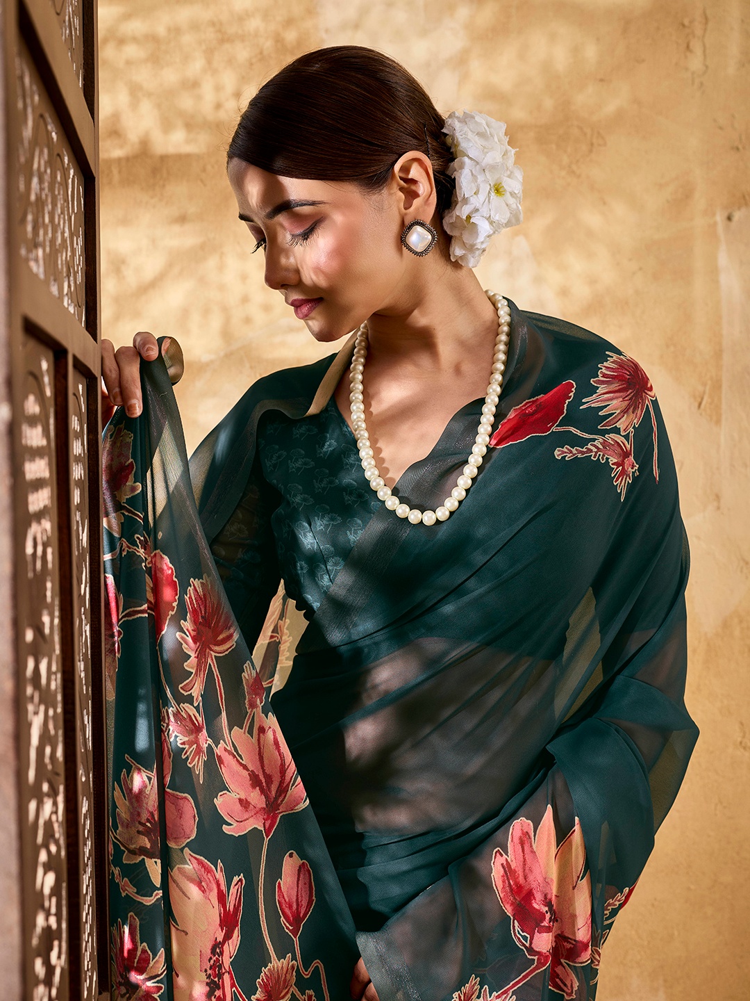 Dark Teal Floral Printed Chiffon Saree