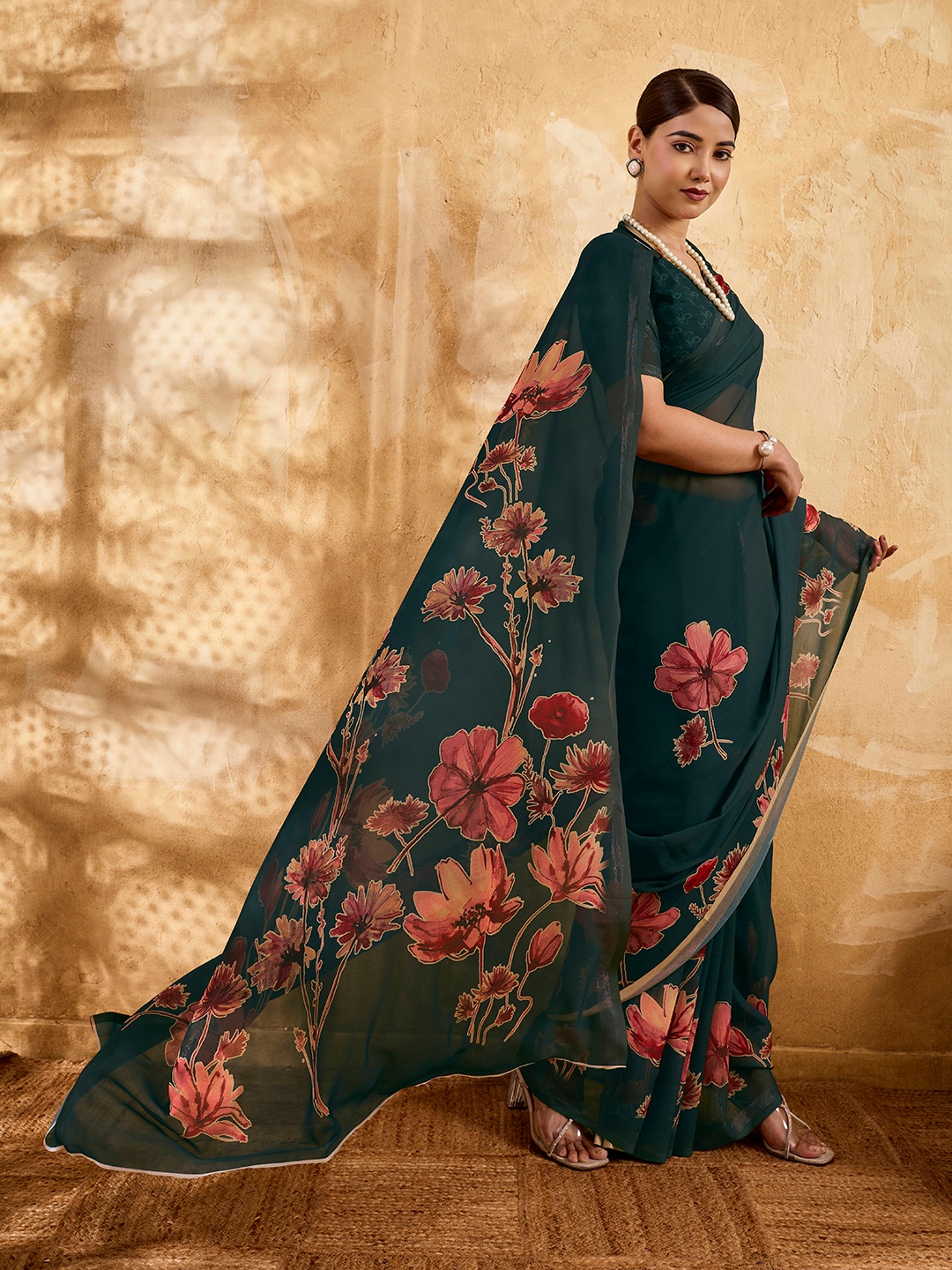 Dark Teal Floral Printed Chiffon Saree