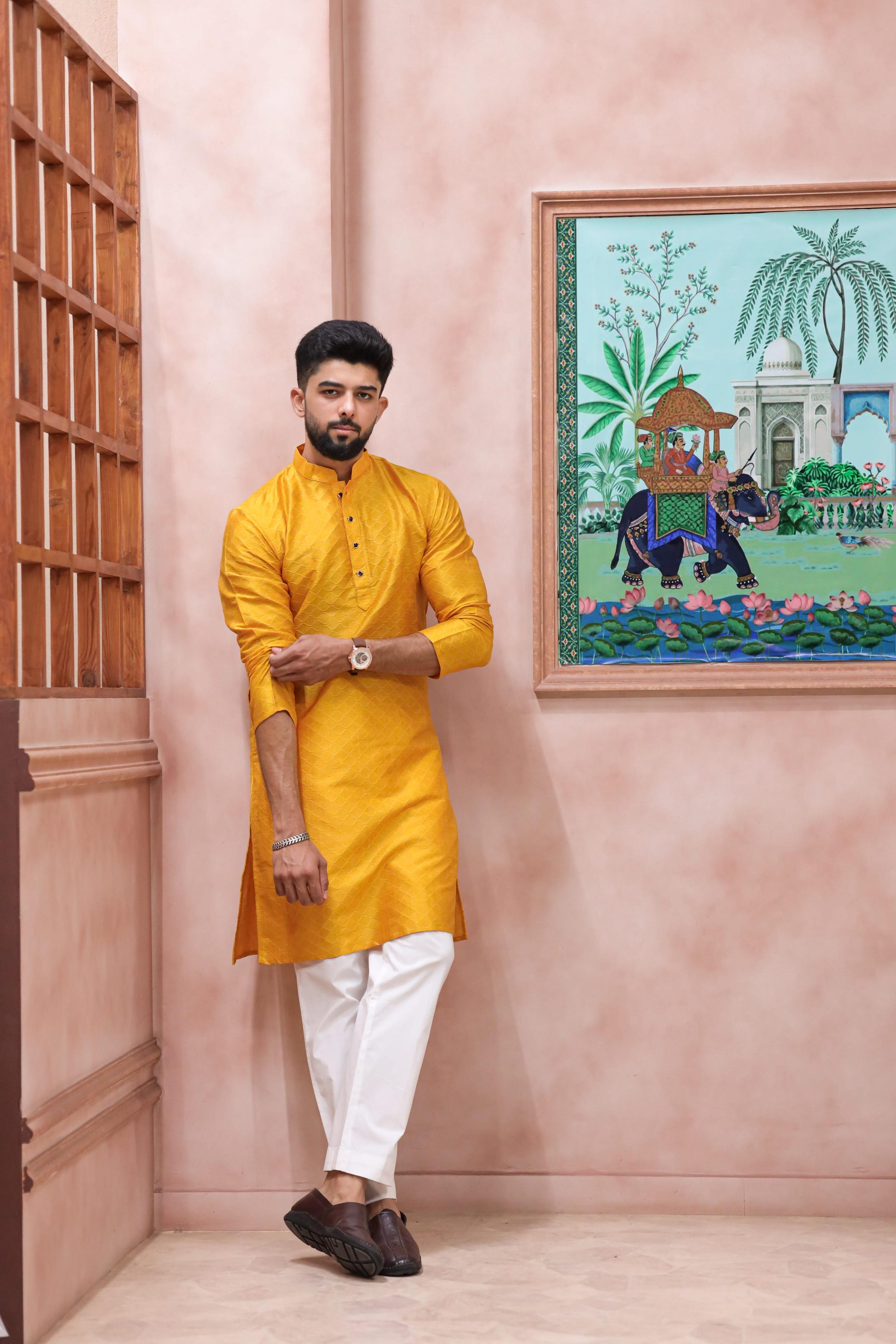 Dark Yellow Art Silk Kurta Pyjama