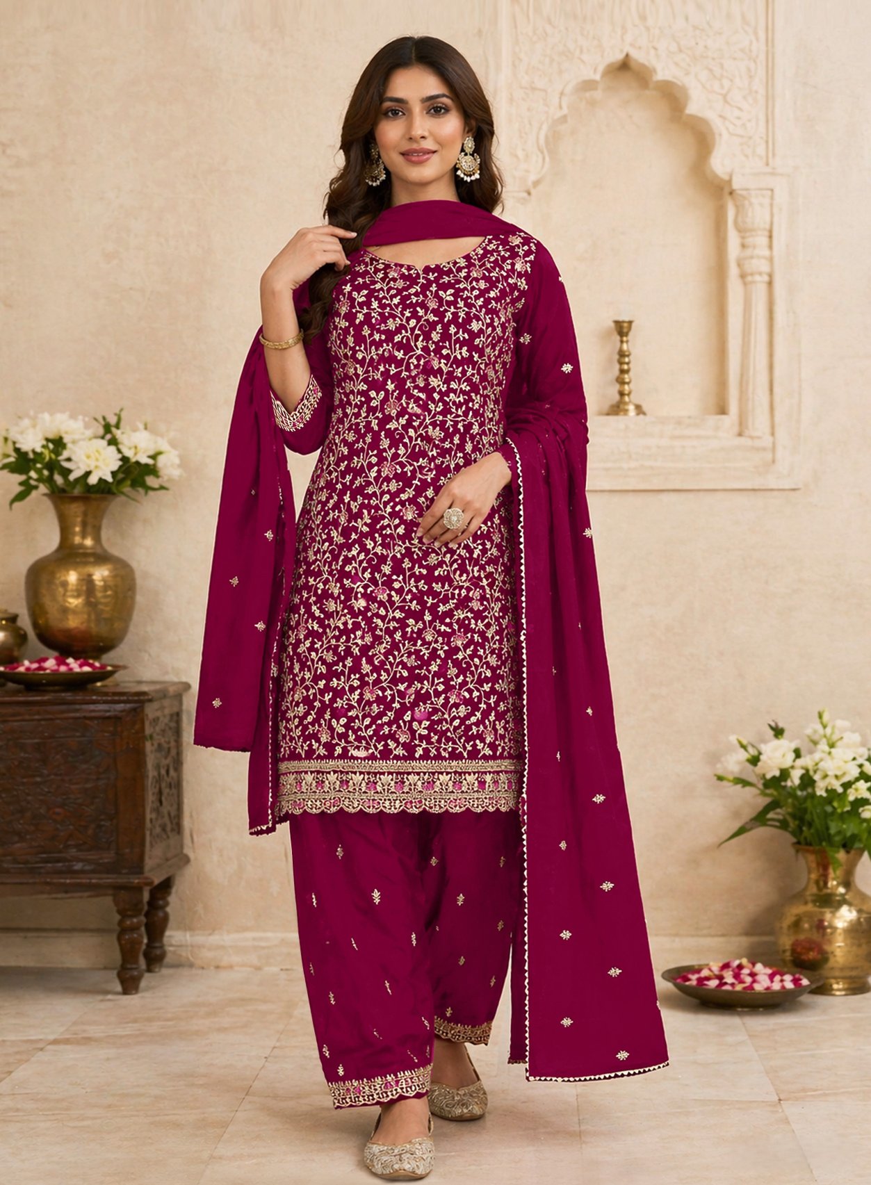 Deep Magenta Floral Embroidered Georgette Straight Suit
