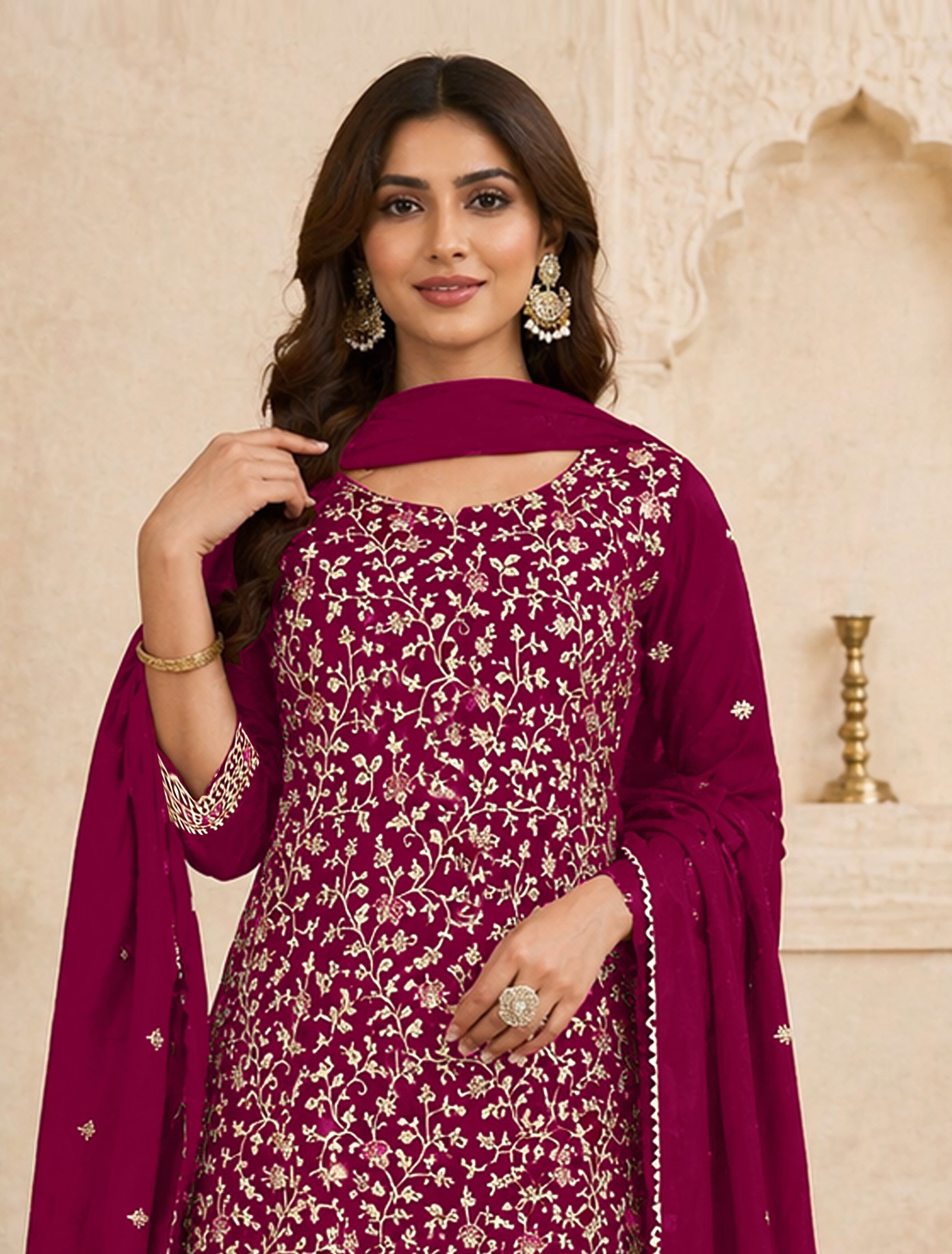 Deep Magenta Floral Embroidered Georgette Straight Suit — alternate view