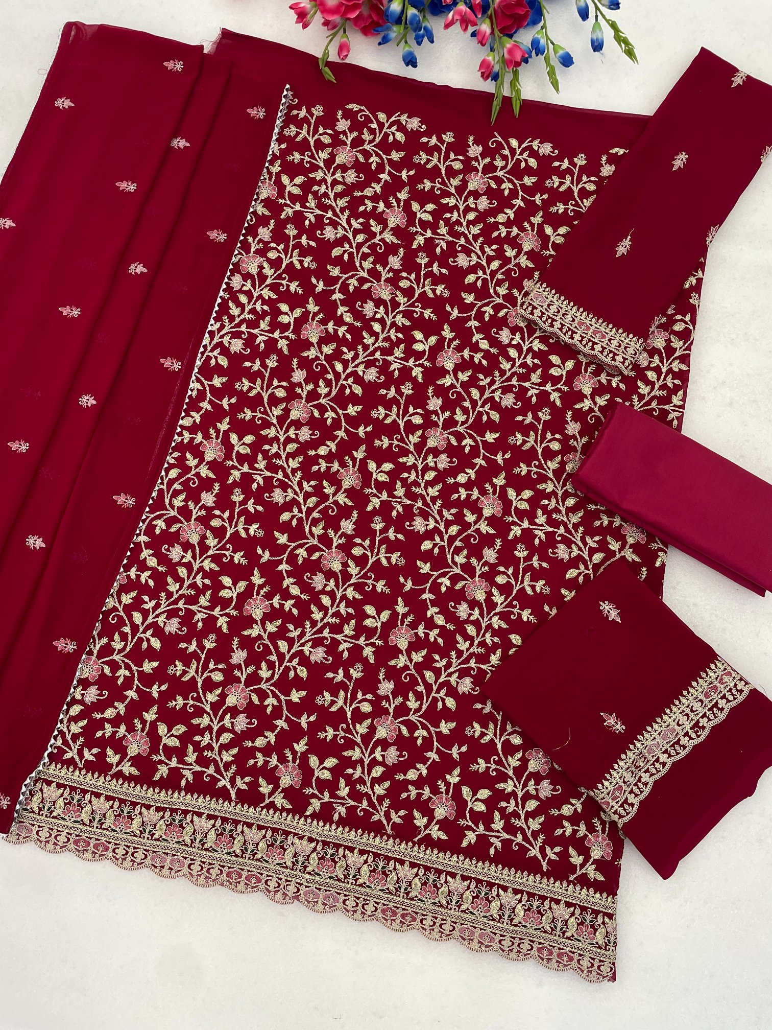 Deep Magenta Floral Embroidered Georgette Straight Suit