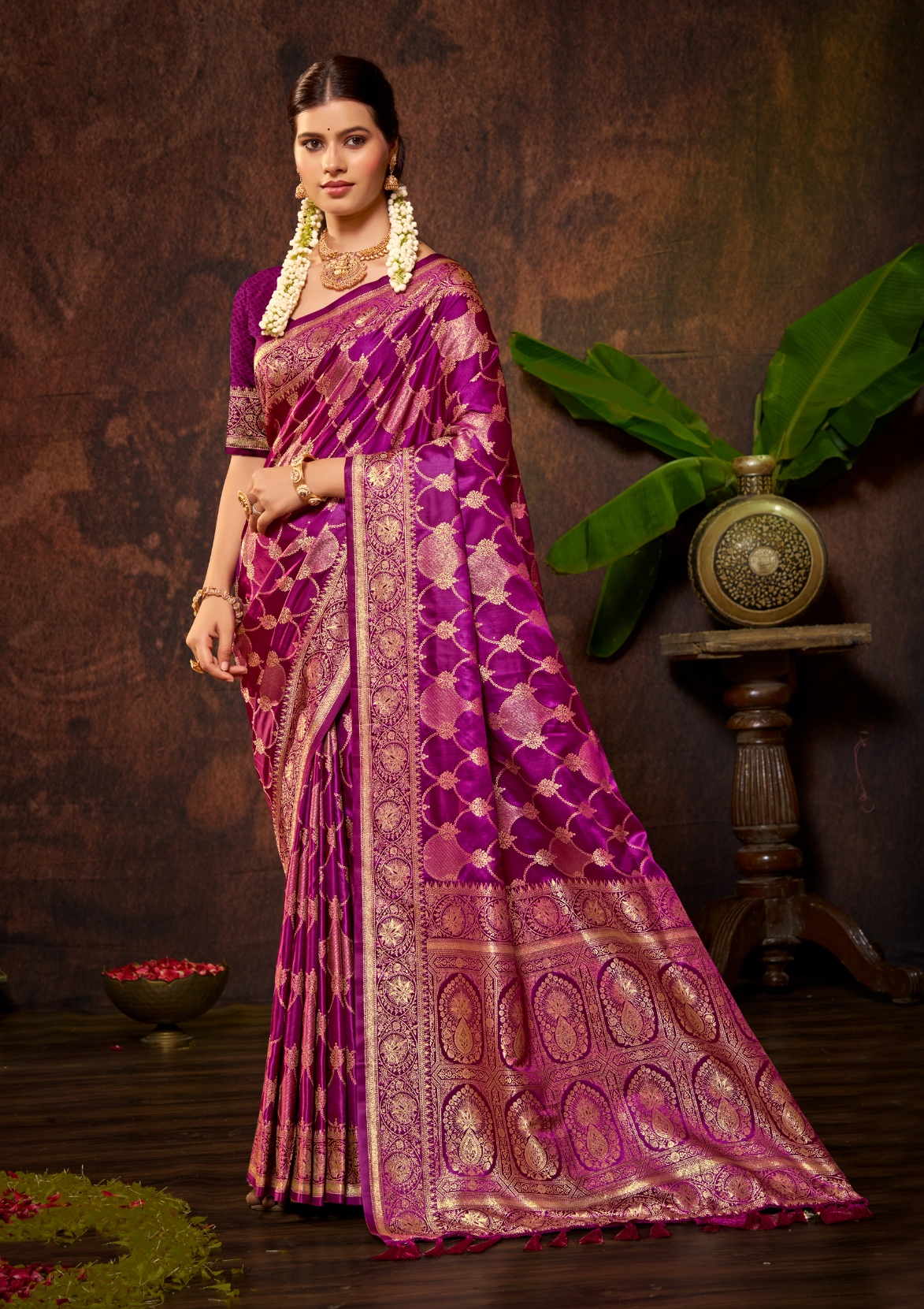 Deep Magenta Woven Designer Satin Silk Saree
