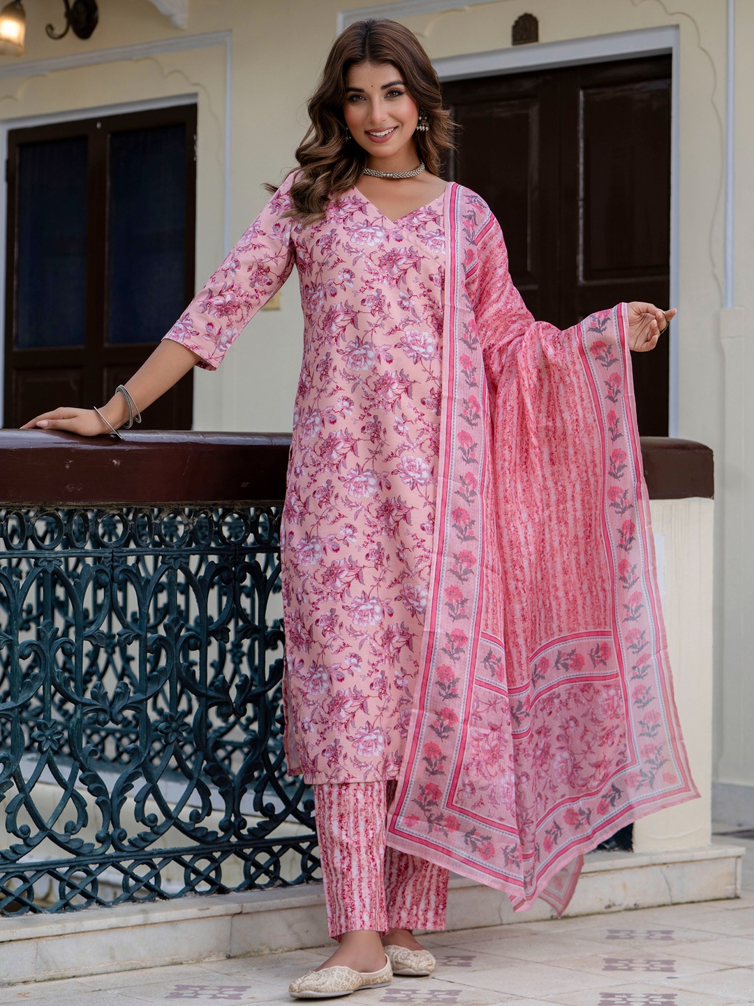 Deep Purple Round Neck Heritage Floral Cotton Suit Set