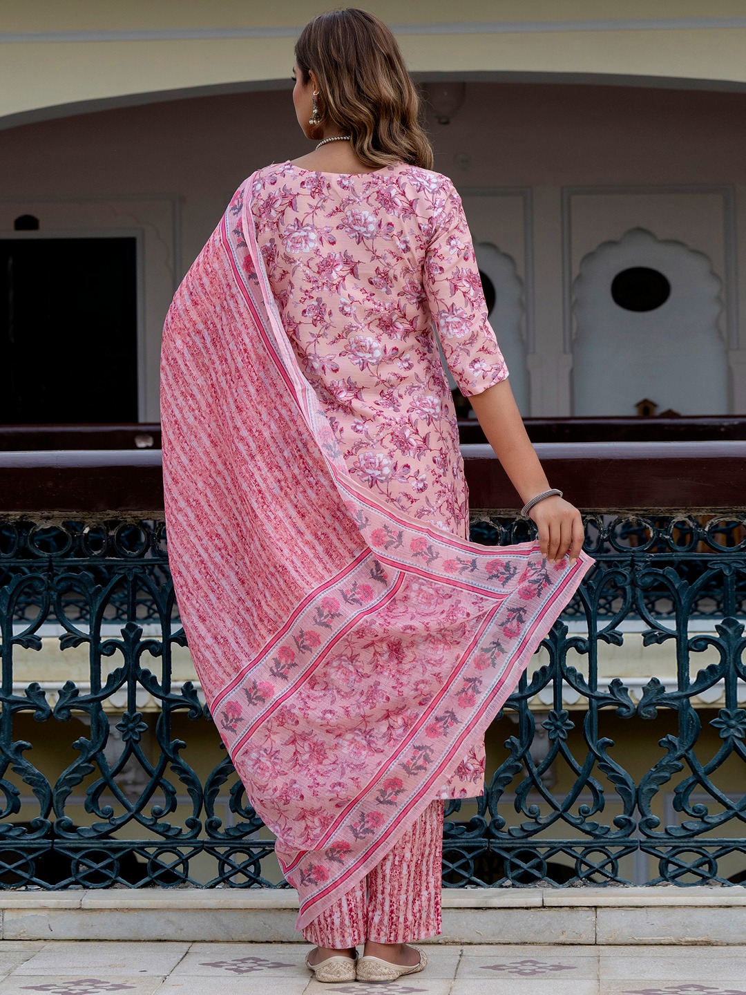 Deep Purple Round Neck Heritage Floral Cotton Suit Set — alternate view