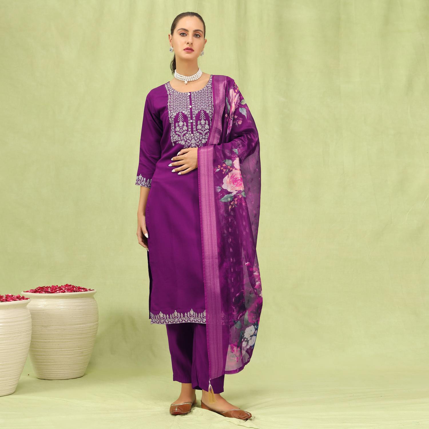 Deep Purple Viscose Roman Silk Embroidered Readymade Salwar