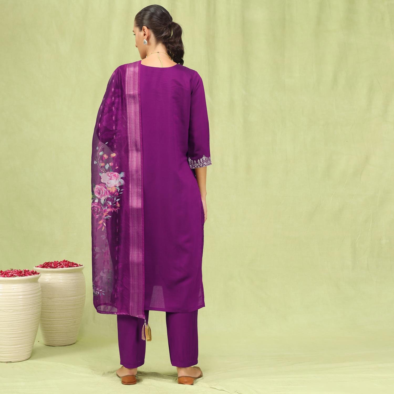 Deep Purple Viscose Roman Silk Embroidered Readymade Salwar — alternate view