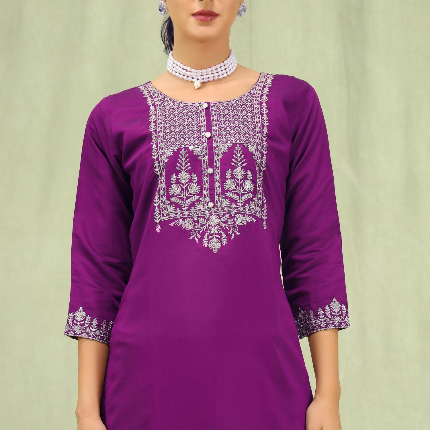 Deep Purple Viscose Roman Silk Embroidered Readymade Salwar