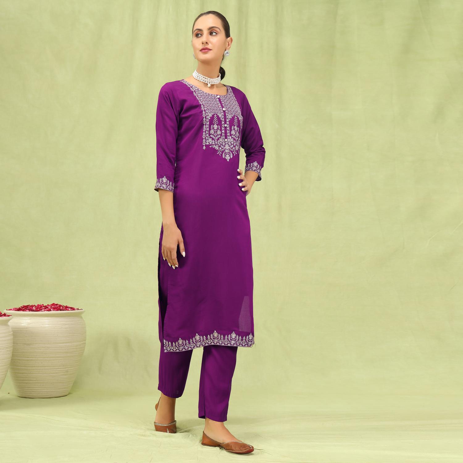 Deep Purple Viscose Roman Silk Embroidered Readymade Salwar