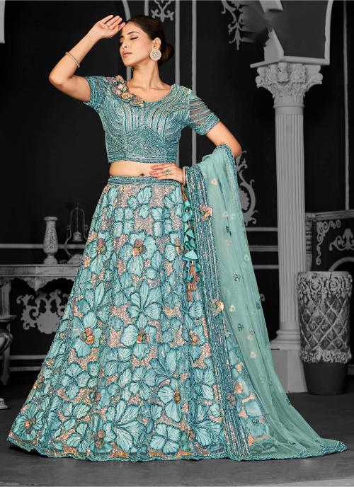 Designer Aqua Blue Net Party Wear Lehenga