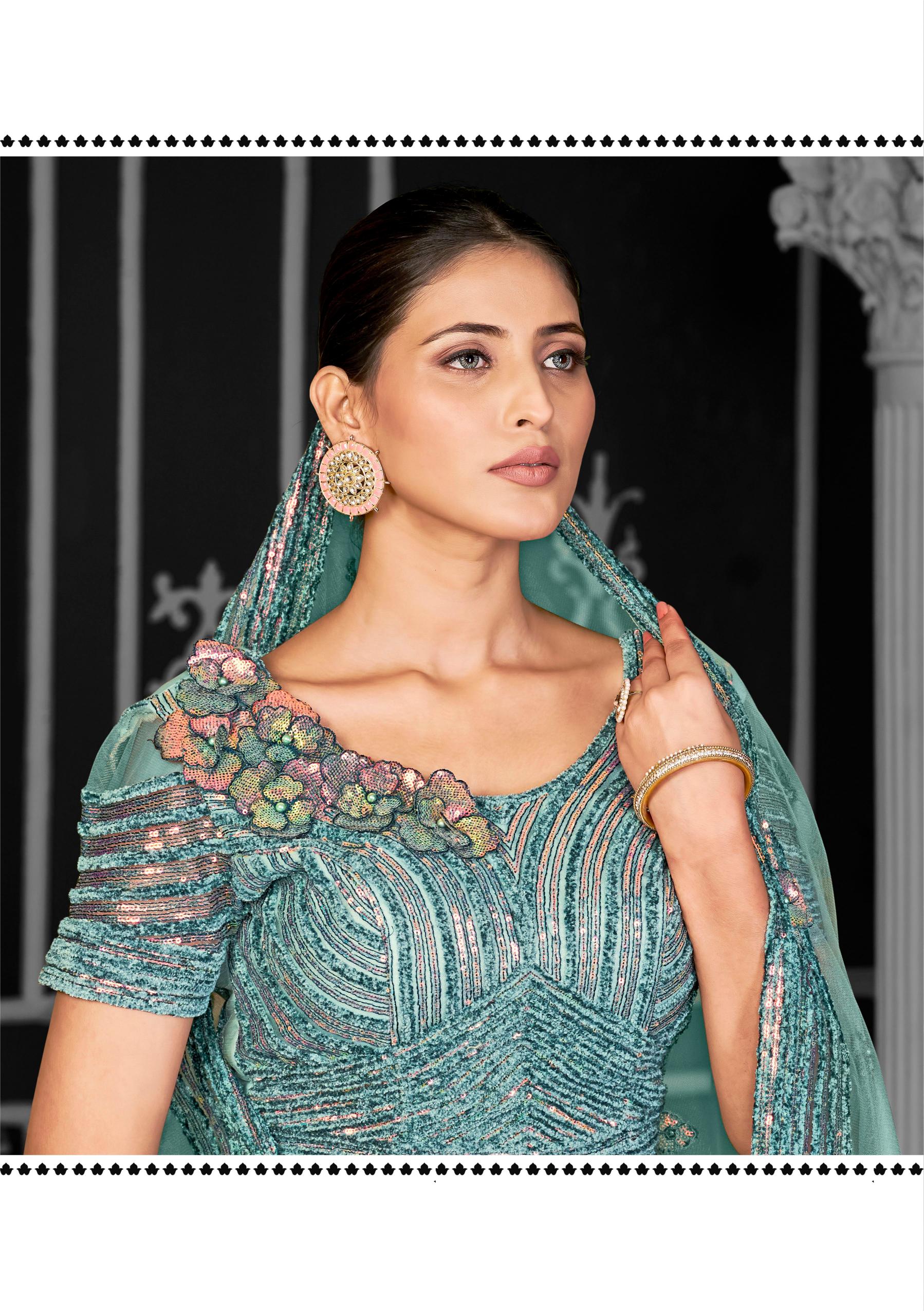Designer Aqua Blue Net Party Wear Lehenga — alternate view