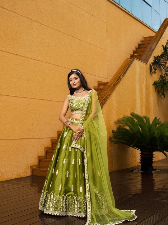 Designer Green Art Silk Embroidery Lehenga