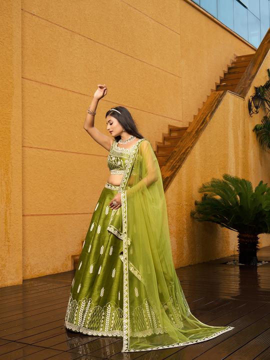 Designer Green Art Silk Embroidery Lehenga