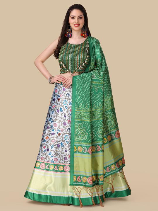 Designer Green Printed Satin Silk Lehenga