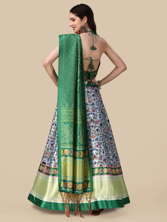 Designer Green Printed Satin Silk Lehenga — alternate view