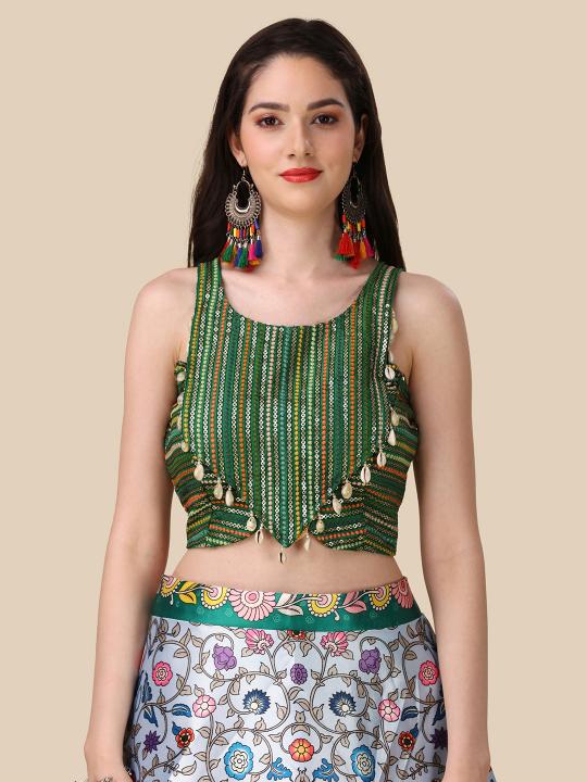Designer Green Printed Satin Silk Lehenga