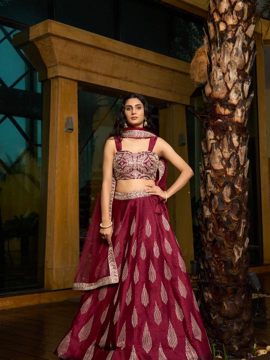 Designer Maroon Art Silk Embroidery Lehenga