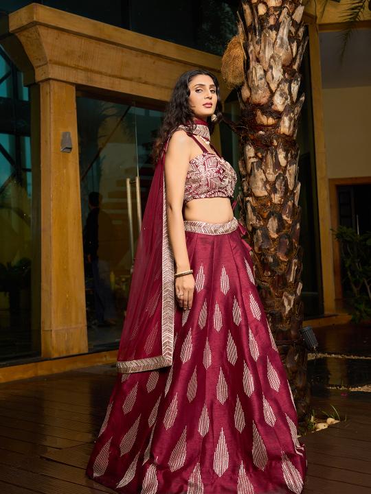 Designer Maroon Art Silk Embroidery Lehenga