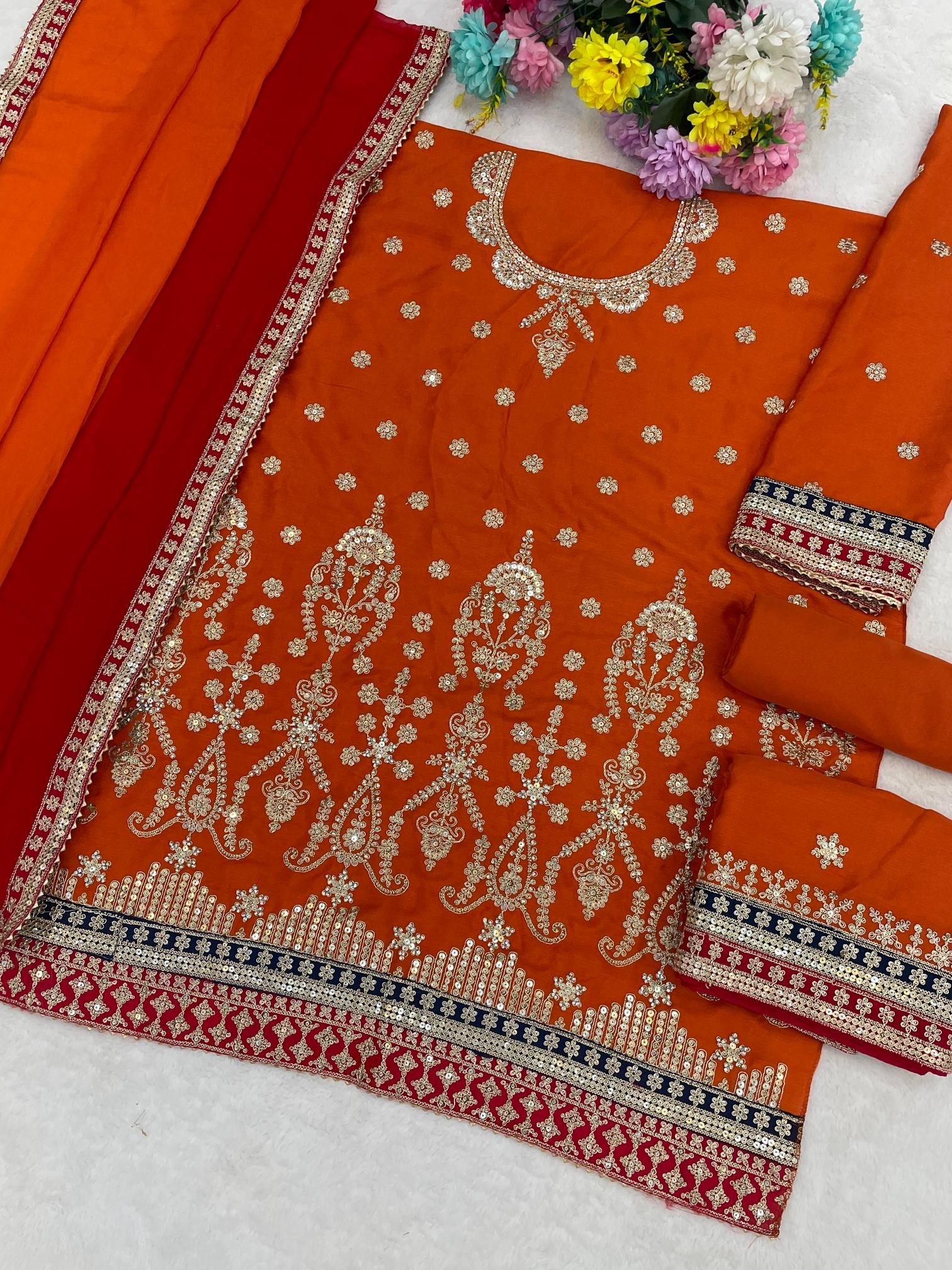 Designer Orange Chinon Sharara Suit — alternate view