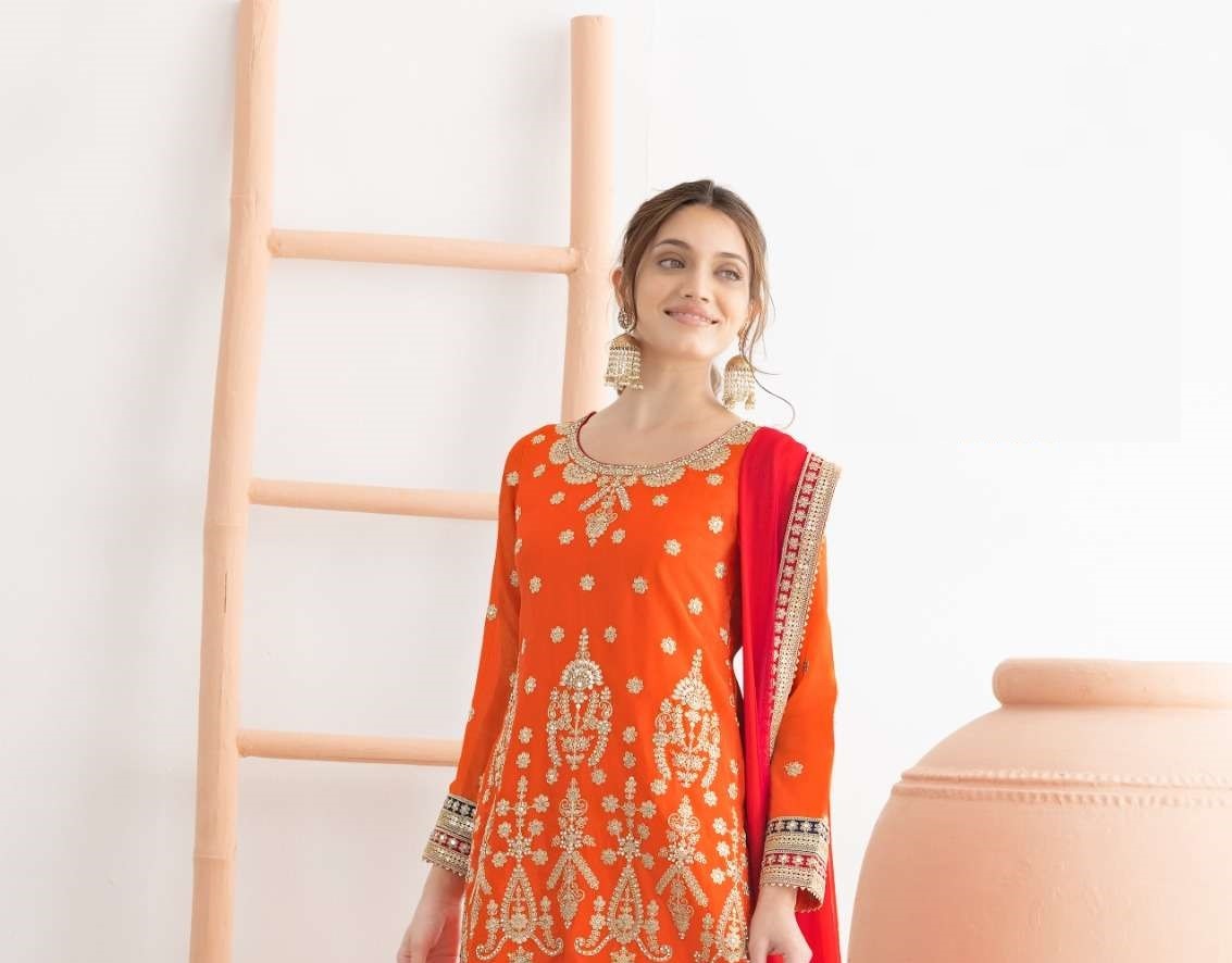 Designer Orange Chinon Sharara Suit