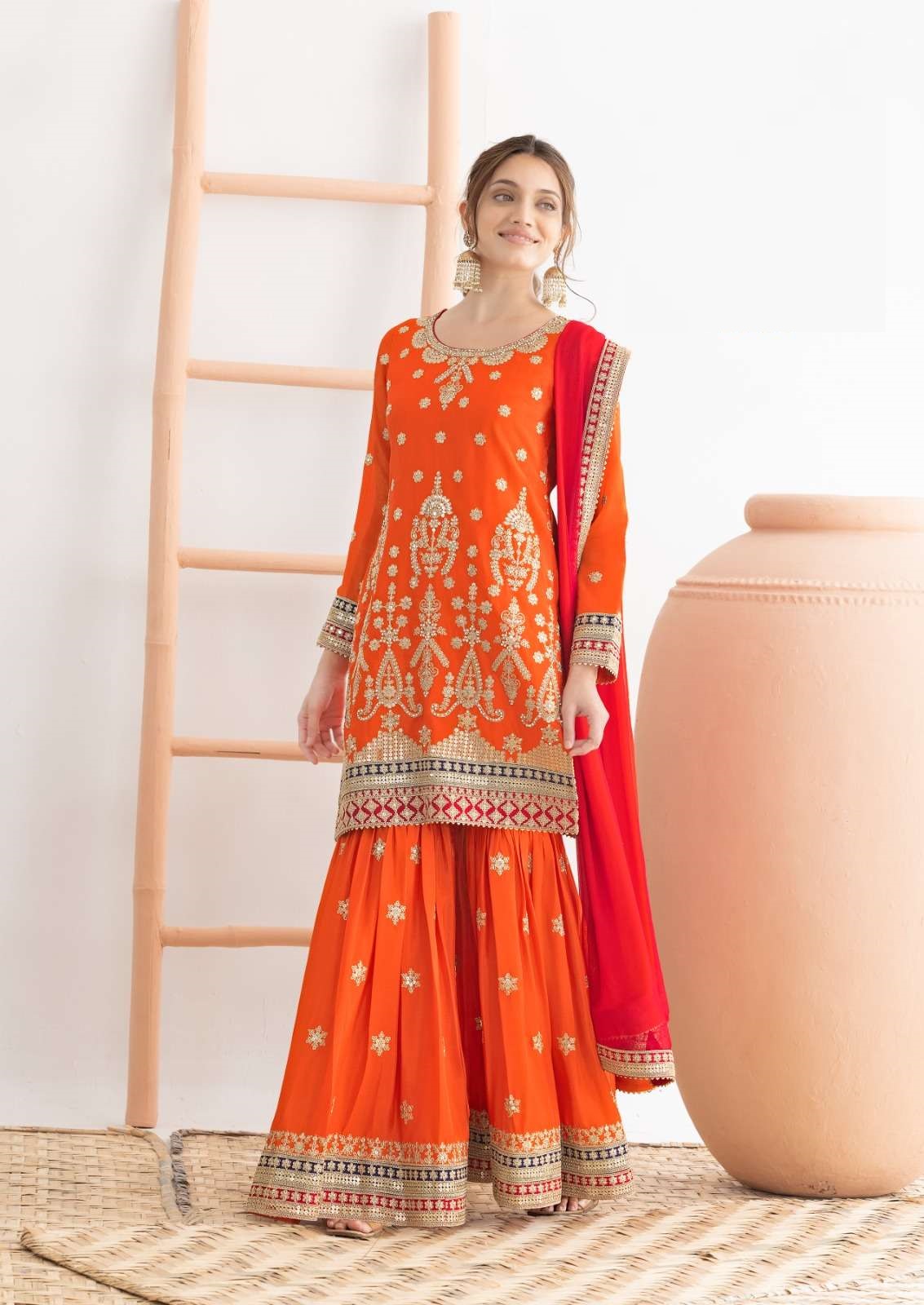 Designer Orange Chinon Sharara Suit