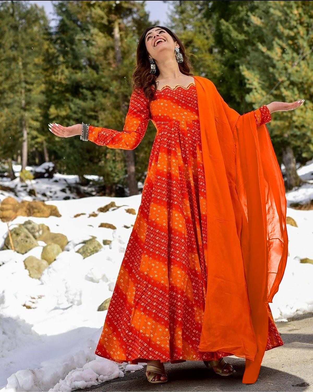 Designer Orange Printed Long Gown