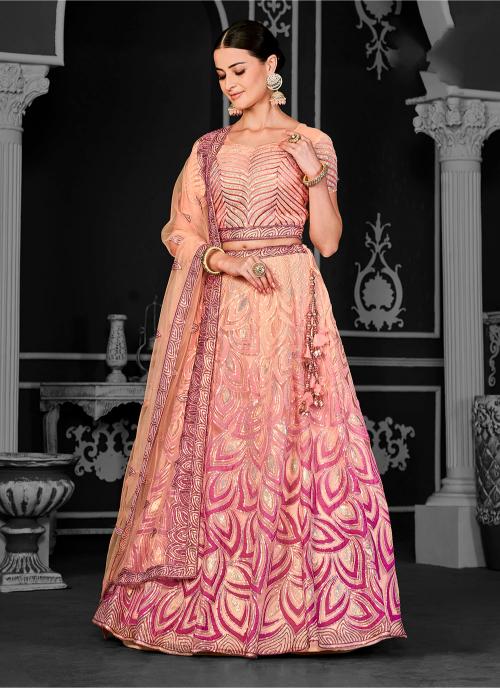Designer Peach Net Party Wear Lehenga