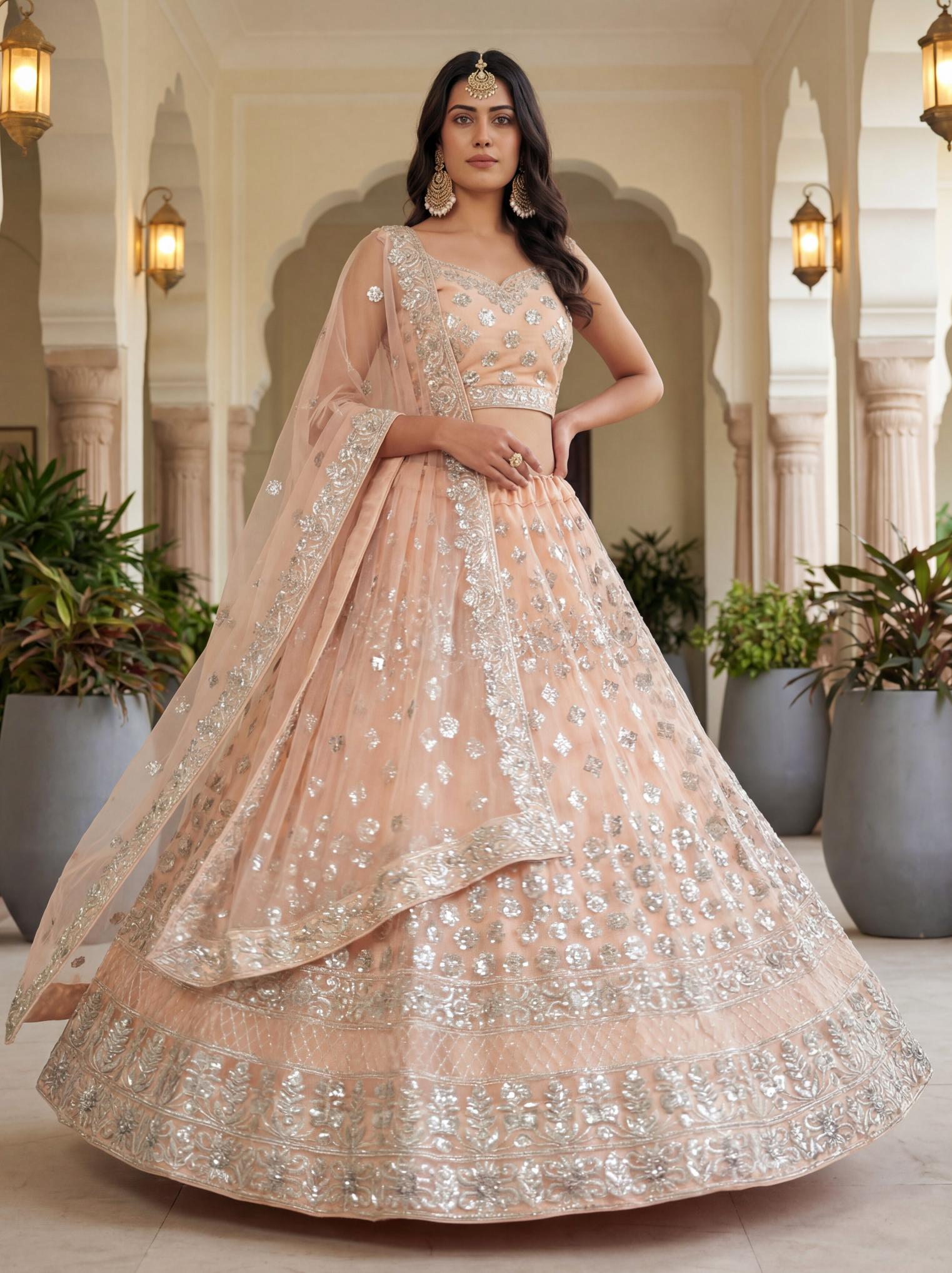 Designer Peach Net Wedding Lehenga