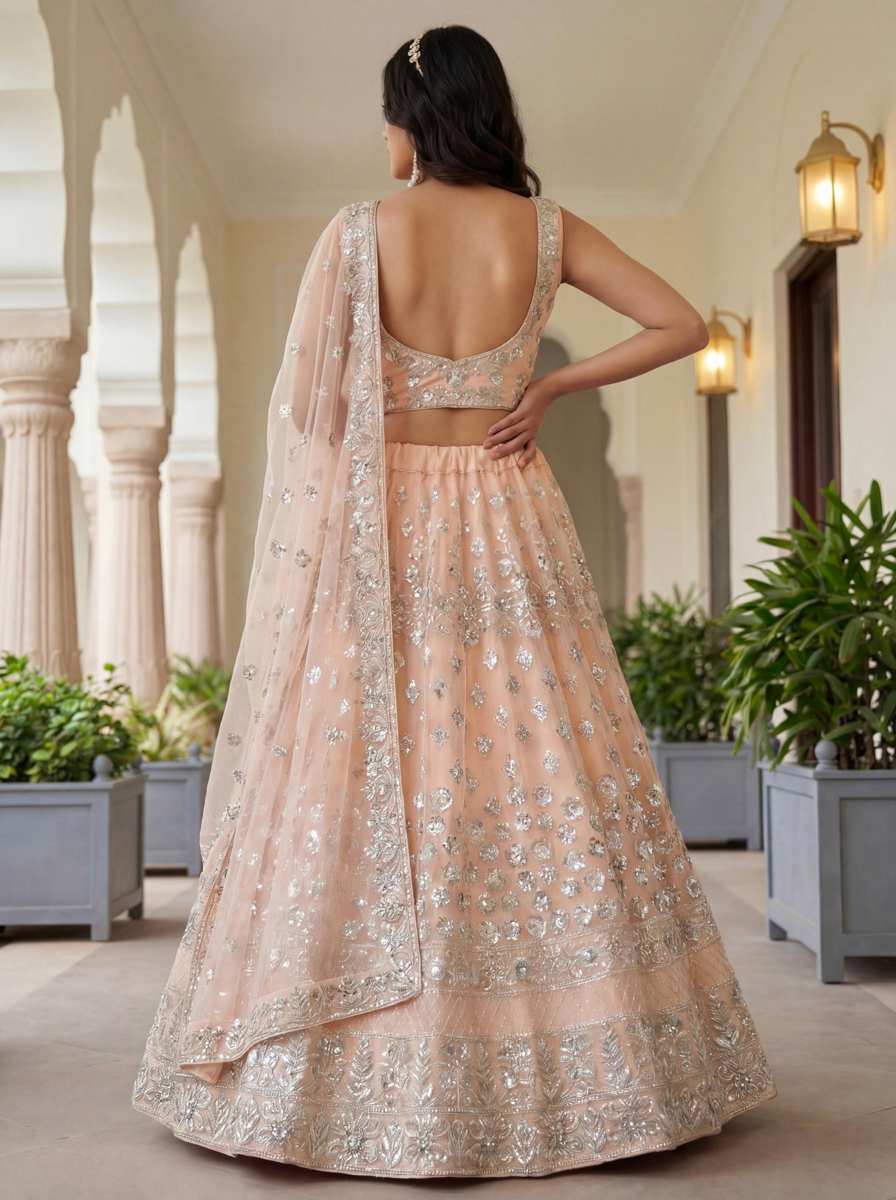 Designer Peach Net Wedding Lehenga — alternate view