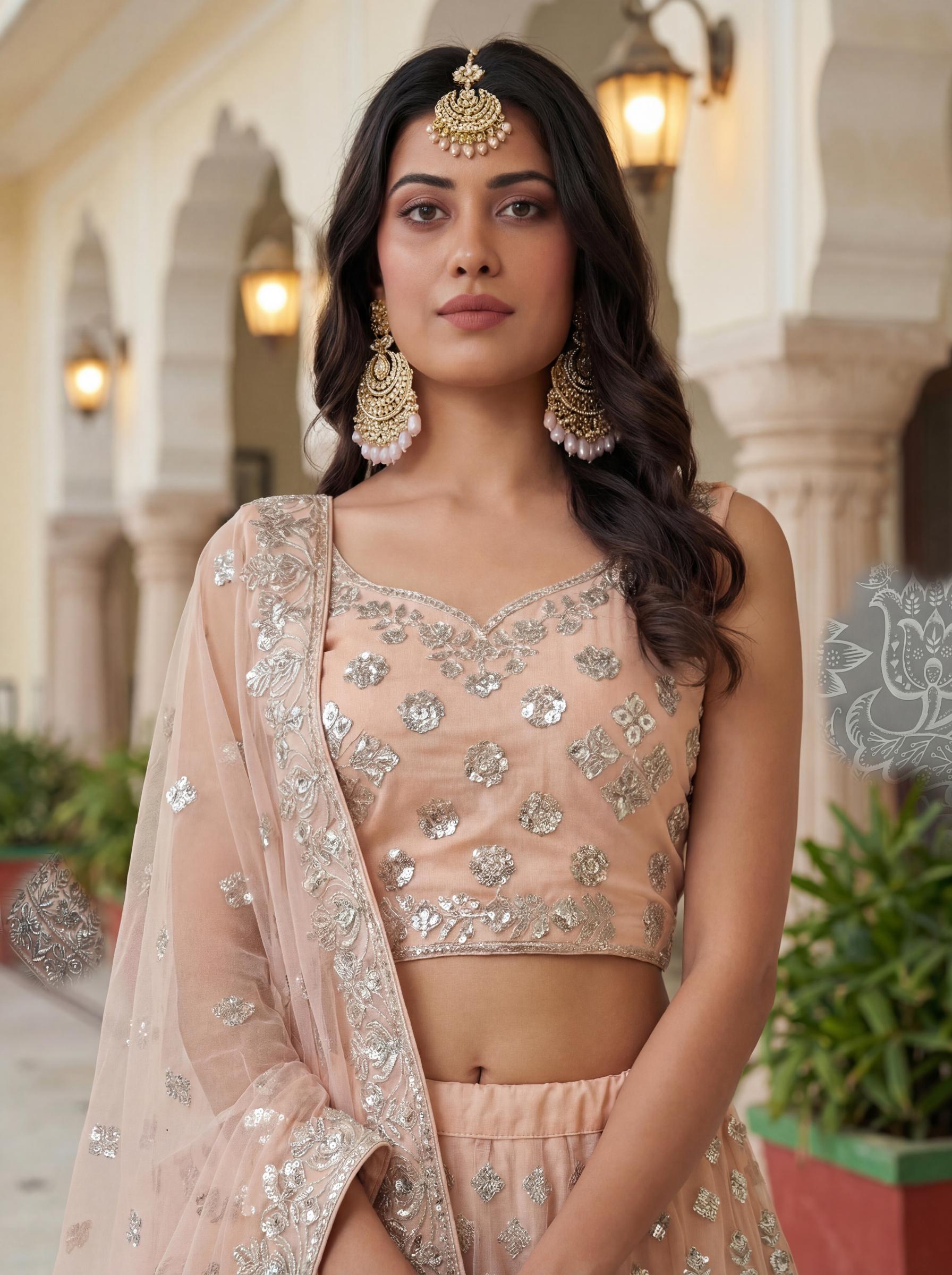 Designer Peach Net Wedding Lehenga