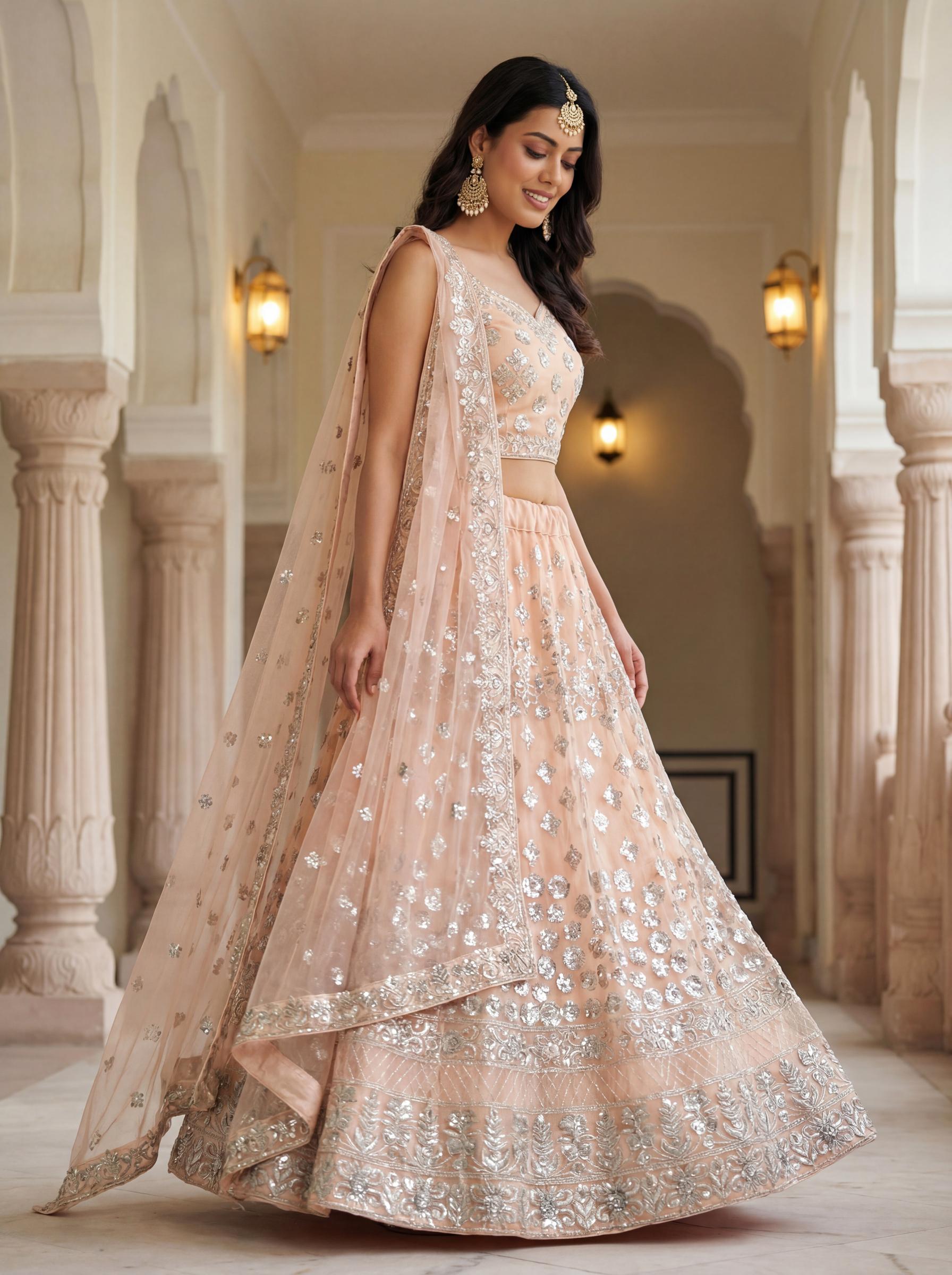 Designer Peach Net Wedding Lehenga