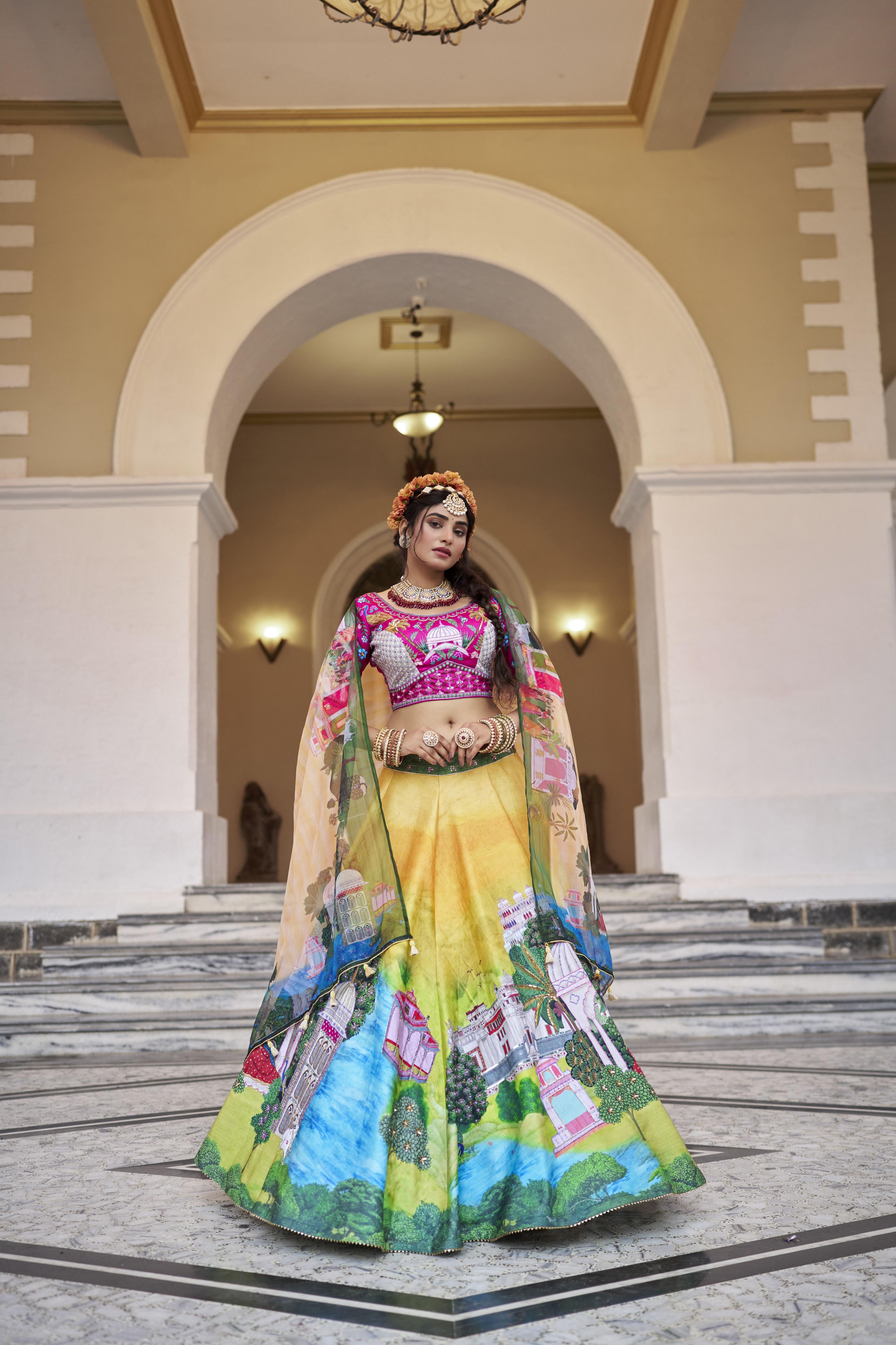 Designer Pink Art Silk Printed Lehenga
