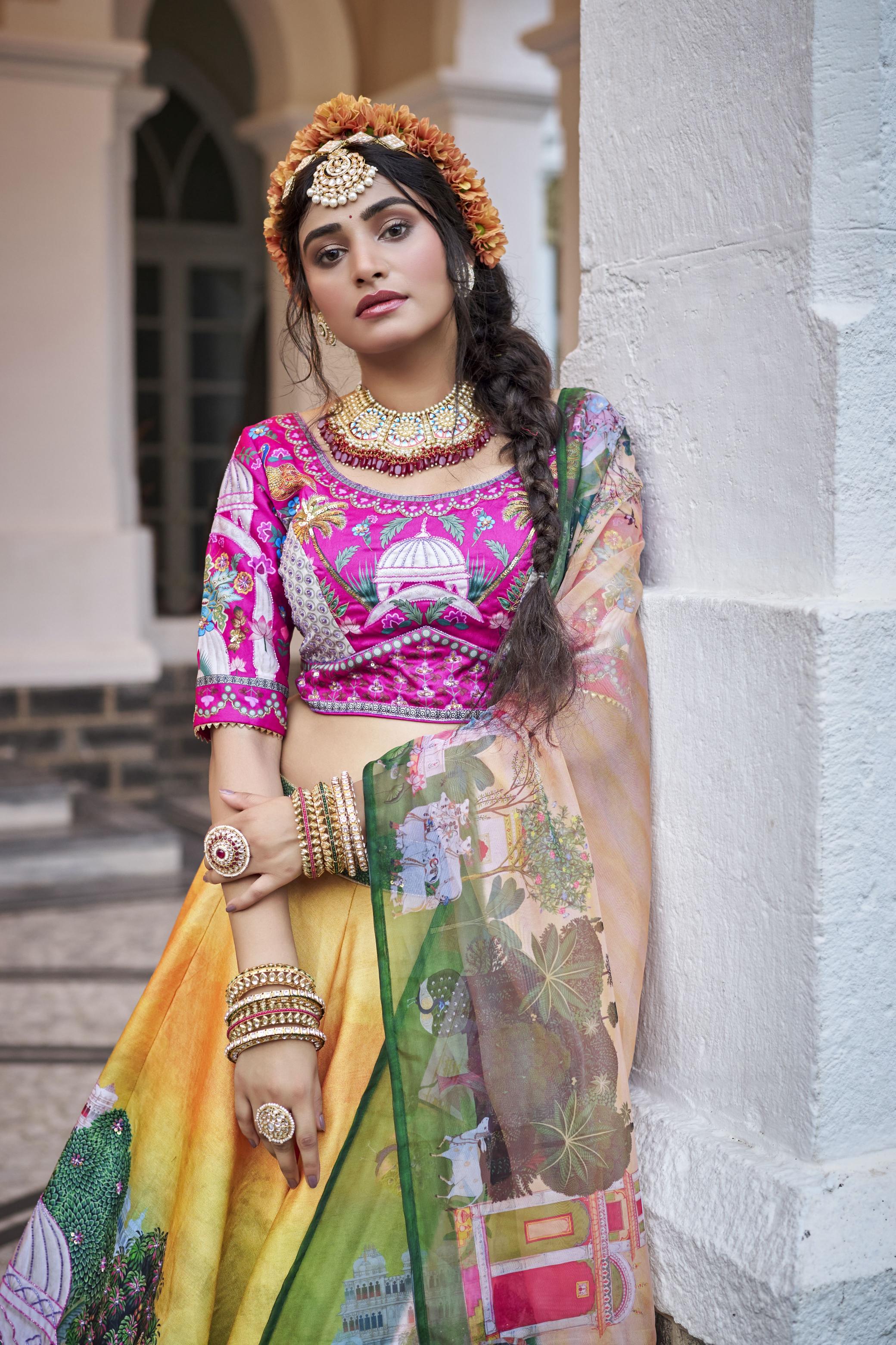 Designer Pink Art Silk Printed Lehenga