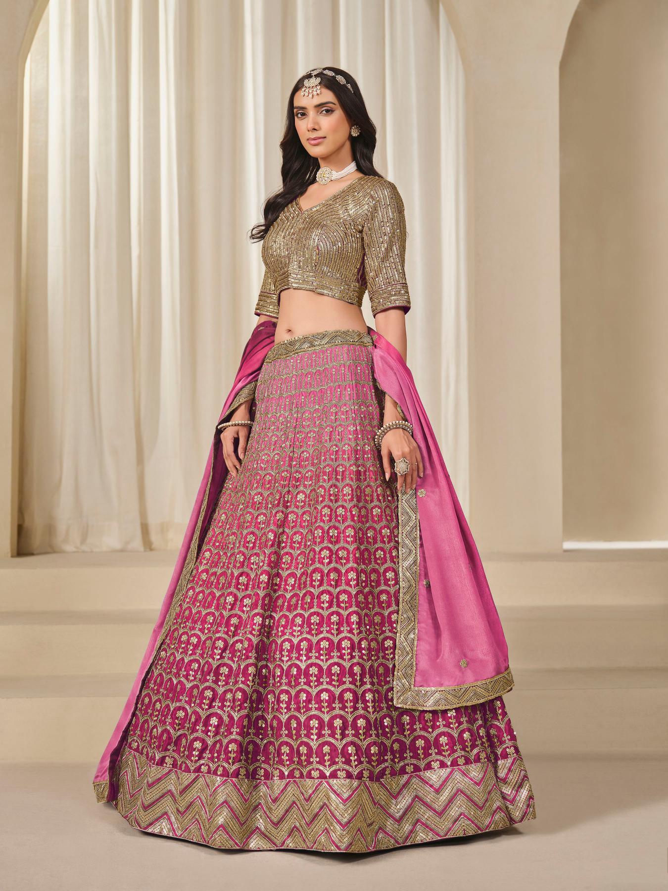 Designer Pink Chinon Silk Lehenga
