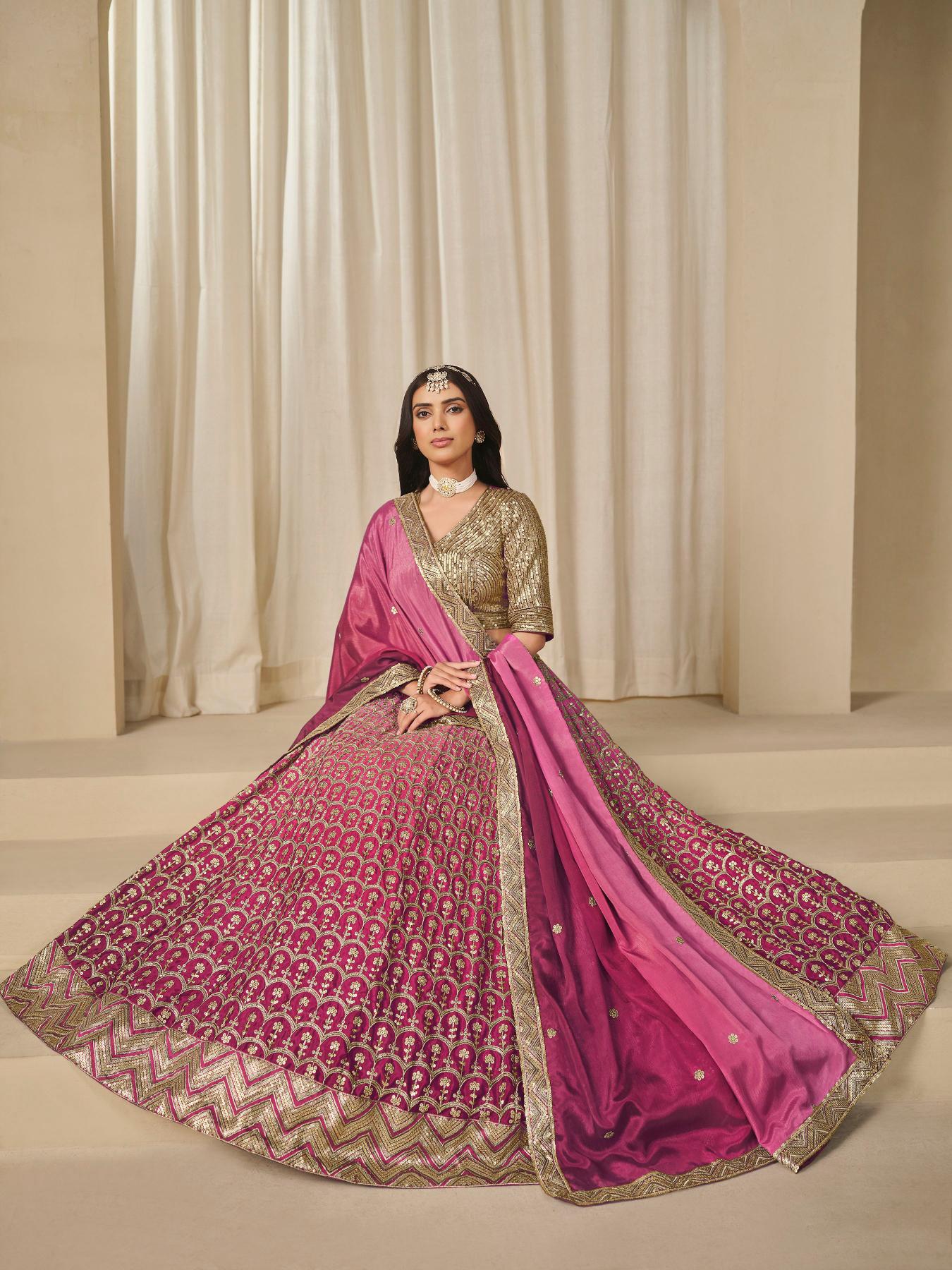 Designer Pink Chinon Silk Lehenga
