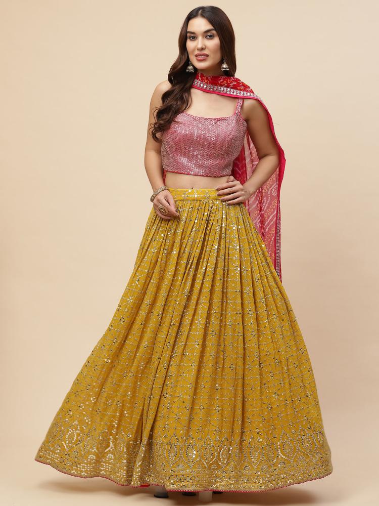 Designer Pink Yellow Georgette Lehenga