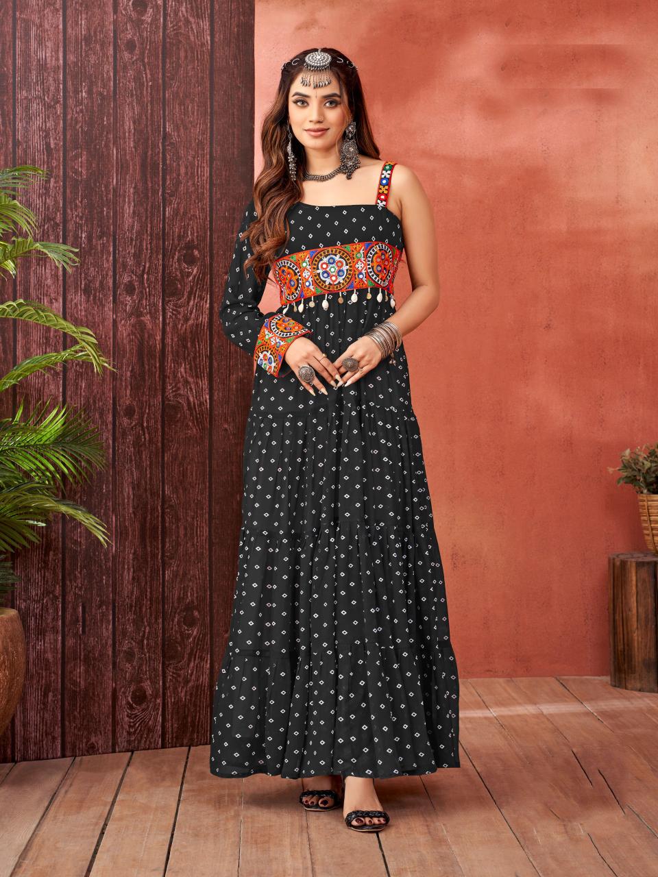 Designer Printed Black Readymade Gown