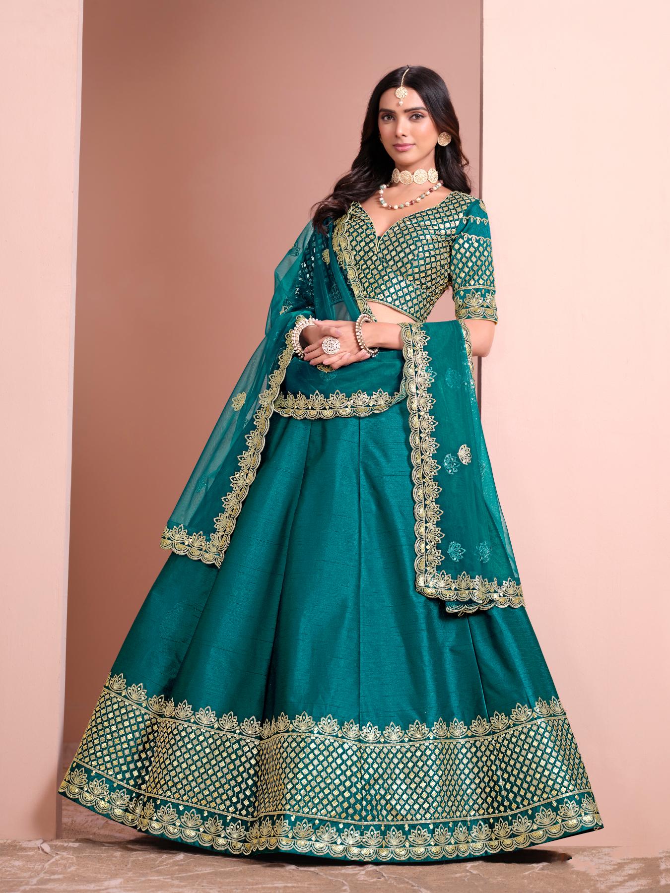 Designer Rama Blue Embroidery Lehenga
