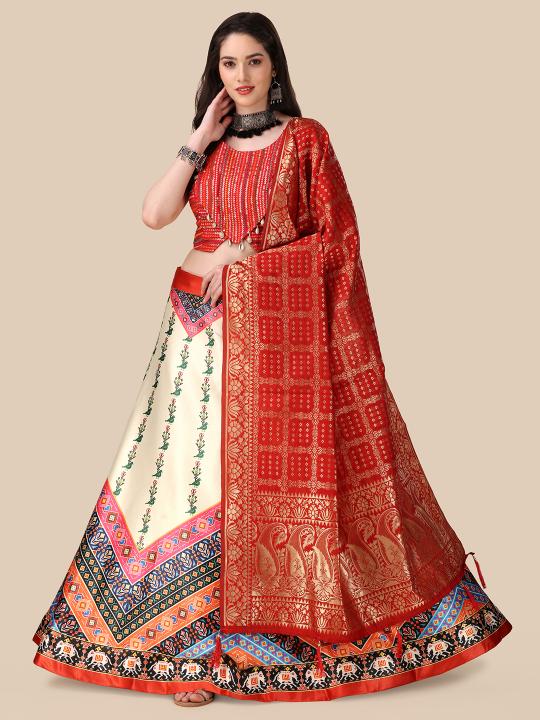 Designer Red Printed Satin Silk Lehenga