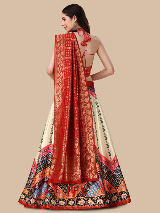 Designer Red Printed Satin Silk Lehenga — alternate view