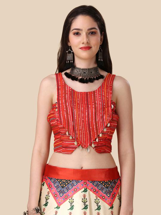 Designer Red Printed Satin Silk Lehenga