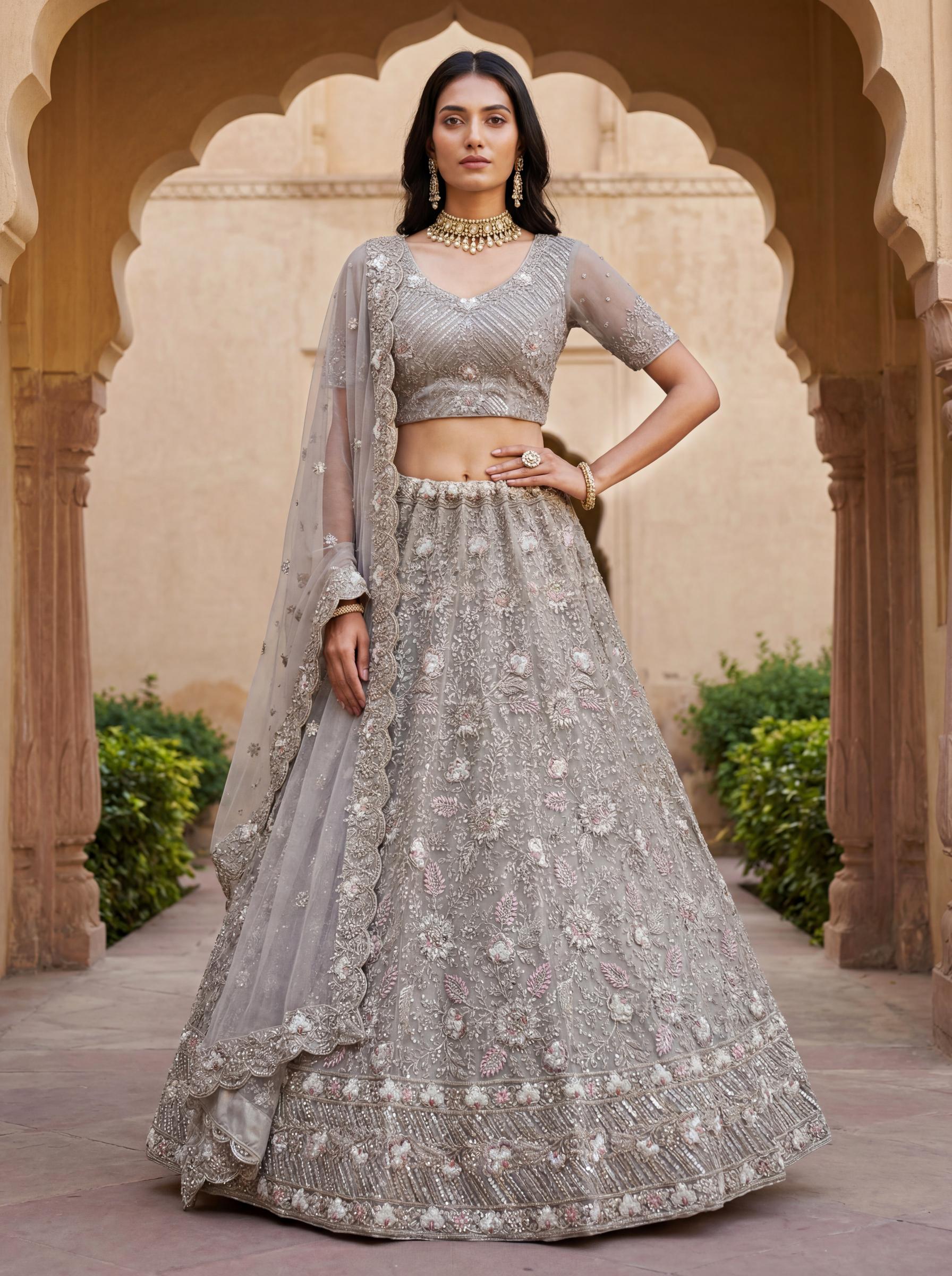 Designer Stone Grey Net Wedding Lehenga