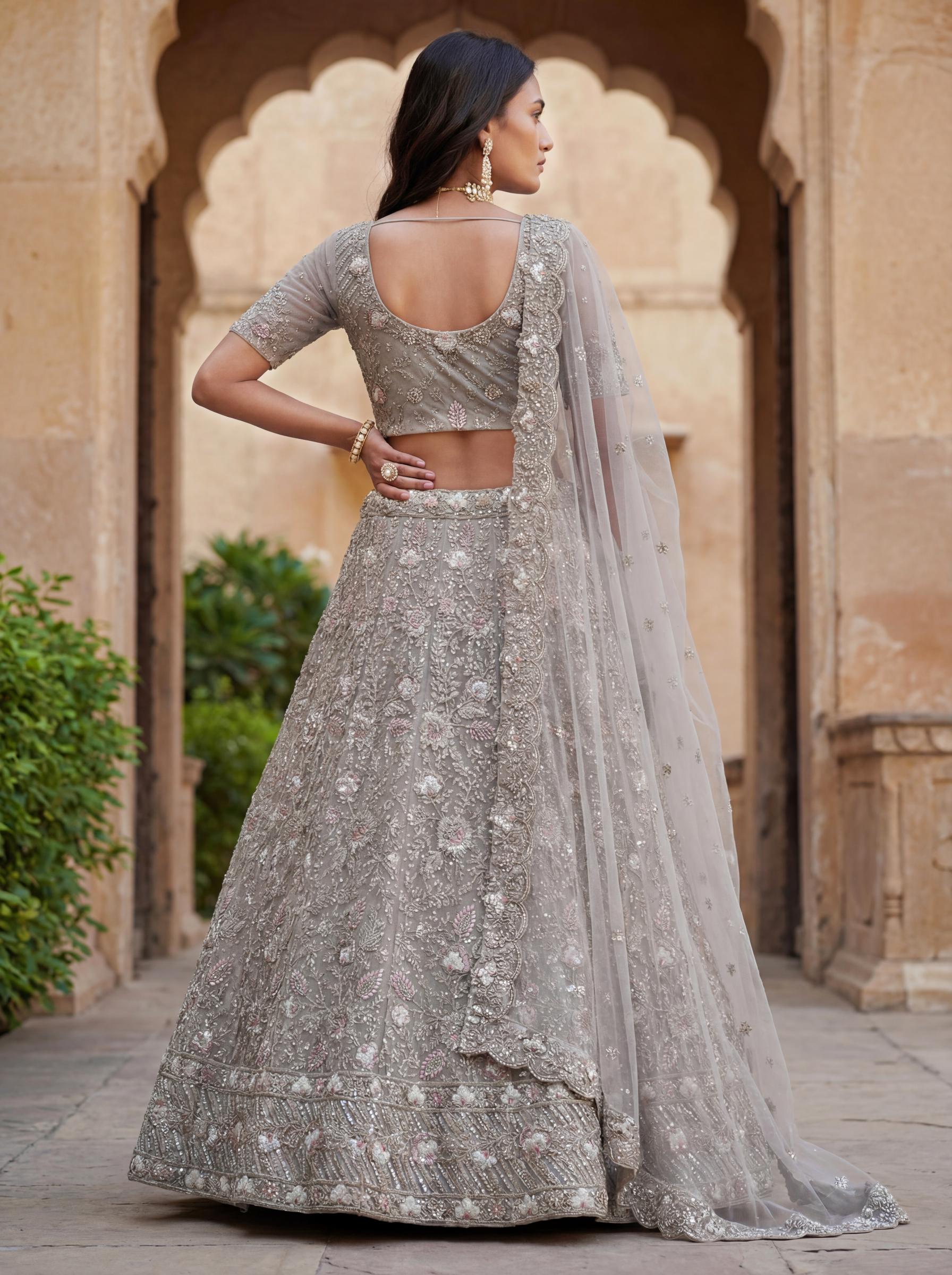 Designer Stone Grey Net Wedding Lehenga — alternate view